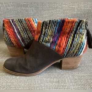 Toms Womens 8.5 Leila Ankle Booties Block Heels Brown Suede Rainbow Yarn Zip
